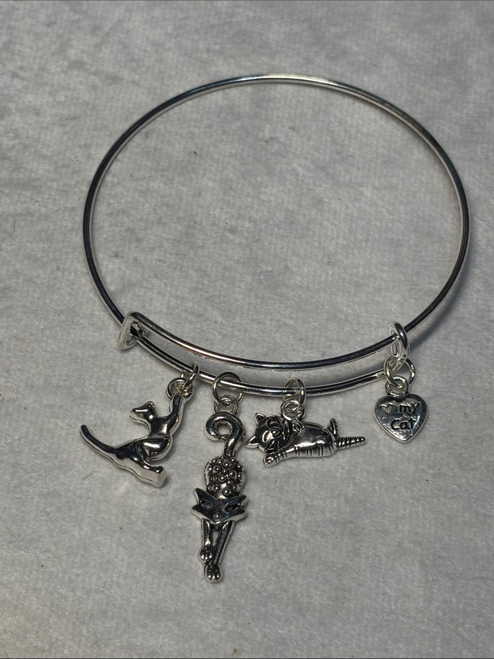 Cattitude Silver Cat Charm Adjustable Bangle Bracelet
